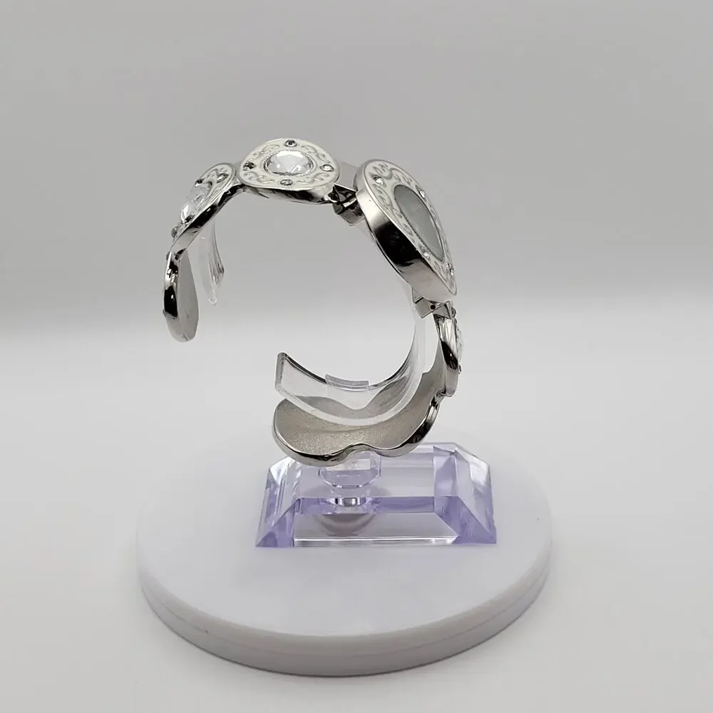 Women's Cuff Bangle Watch Mother of Pearl Dial Silver Filigree Crystal Links